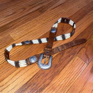 Tony Lama Vintage Bone & Leather Belt. Silver Tone Medallions. Size 38.